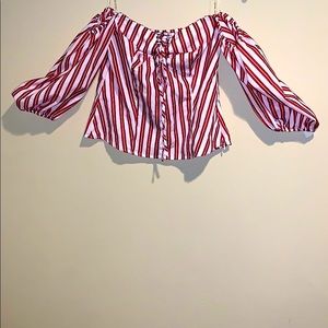 Red and white strips off the shoulder top